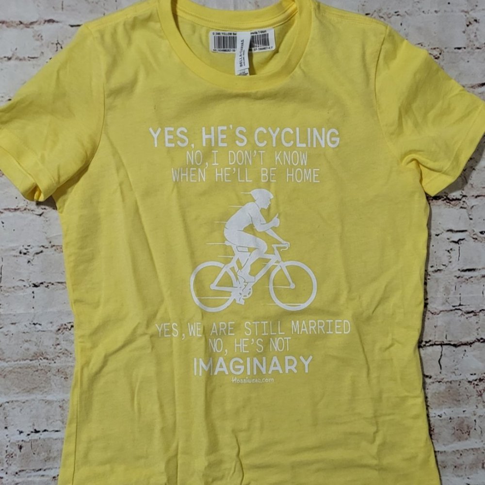 Bella Ladies Favorite T-shirt, Yellow, "Yes, He's Cycling", Large, New